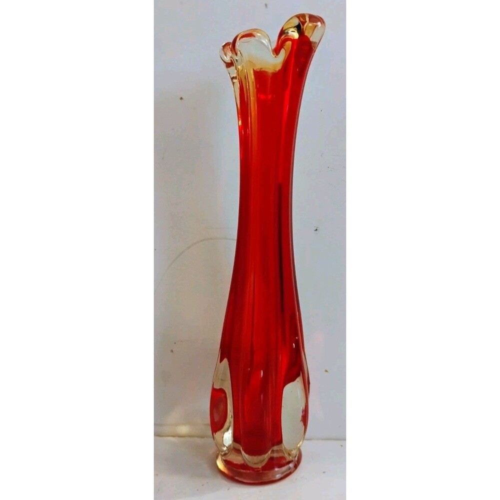 Vintage MCM Ruby Red Swung Glass Bud Vase 9" Fluted Ruffled Edge Cased Clear Art